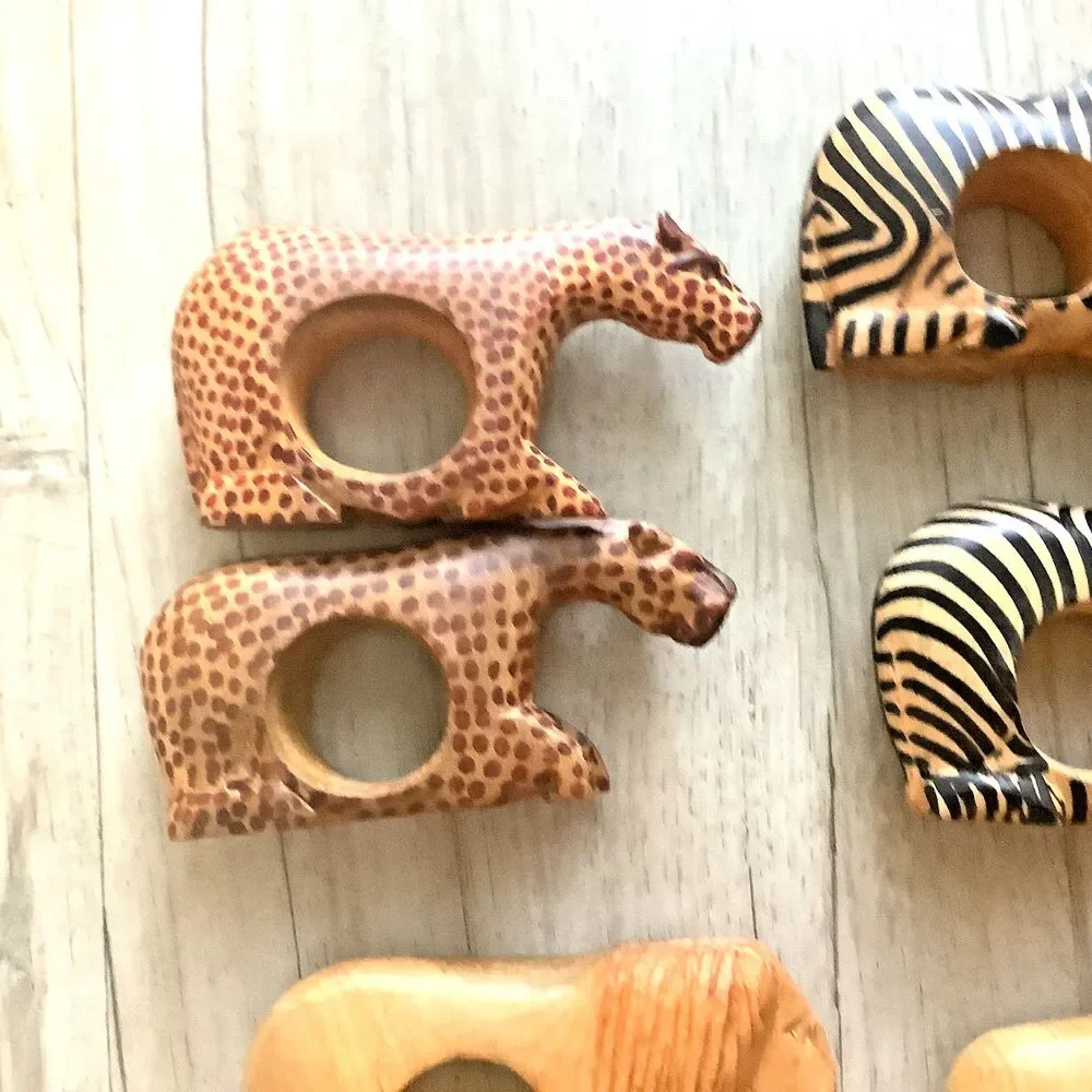 Vintage Napkin Rings Wood Hand Carved African Safari Animals Boho Decor Set of 8